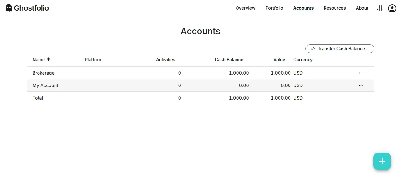 The Ghostfolio Accounts page listing the new account Brokerage with 1,000.00 USD